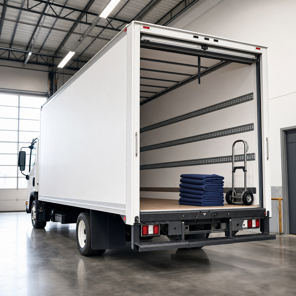Clean white commercial box truck parked at a depot with its roll-up door open, revealing the e-track equipped interior