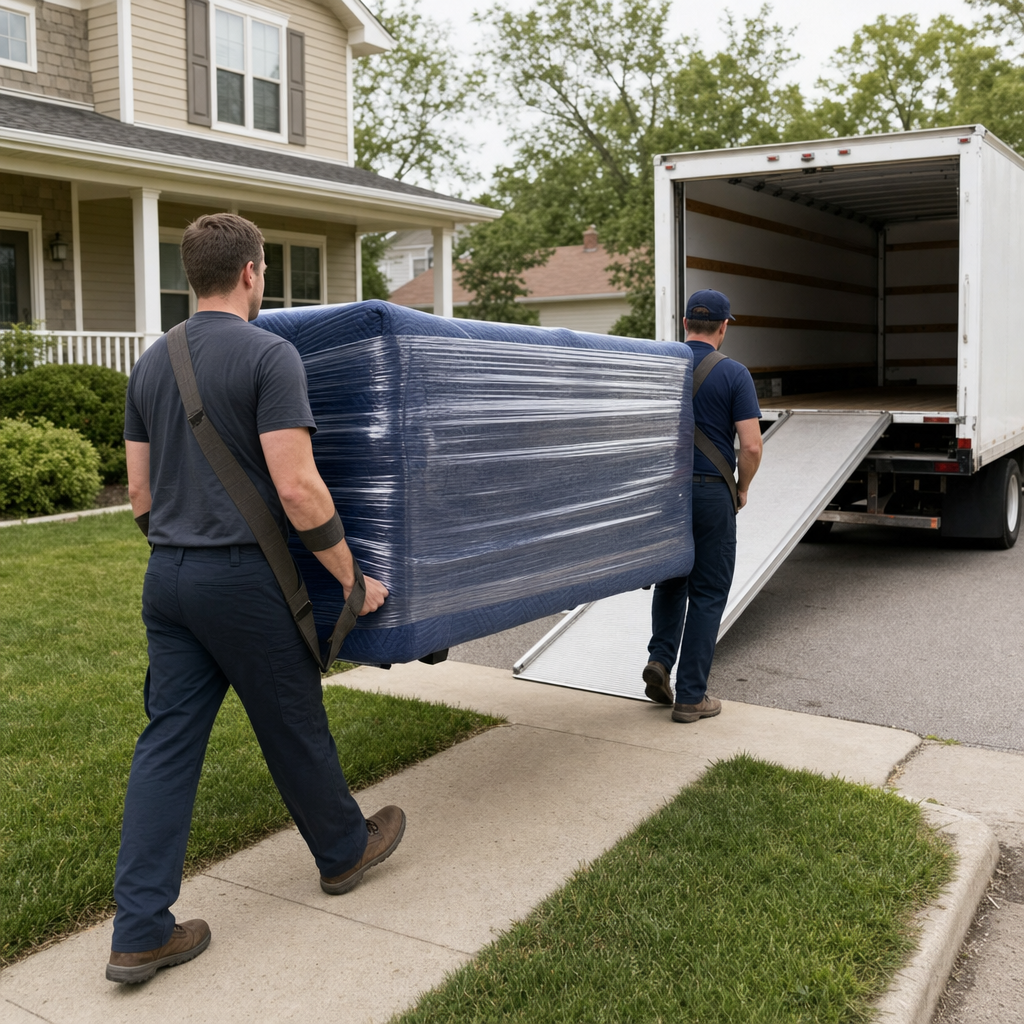 Uniformed San Bernardino moving crew carrying a shrink-wrapped sofa down a residential walkway toward an open box-truck ramp